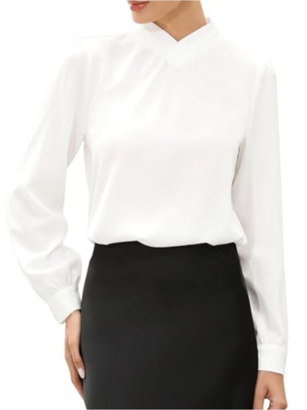 Pleated Mock Neck Long Sleeve Blouse Button Cuff Work Top